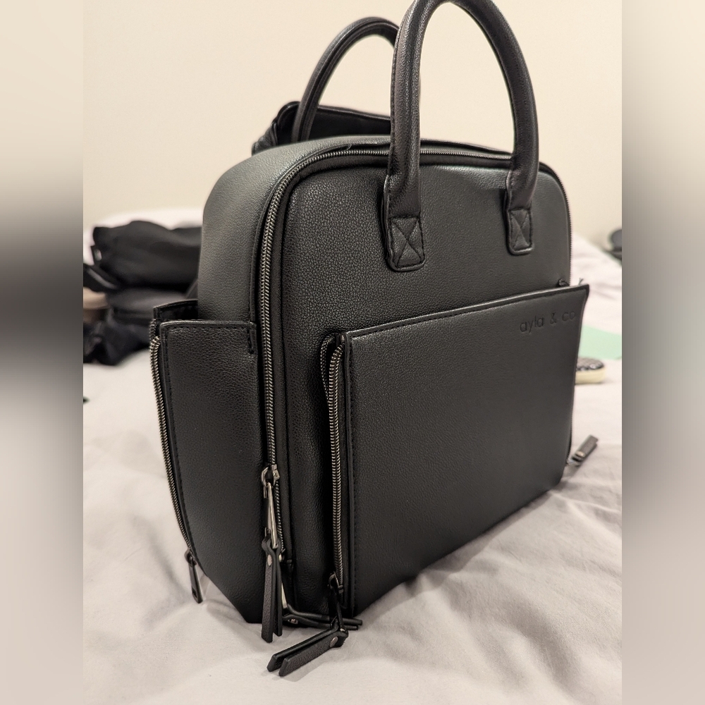 Compact Black Leather Baby Bag with Dual Handles